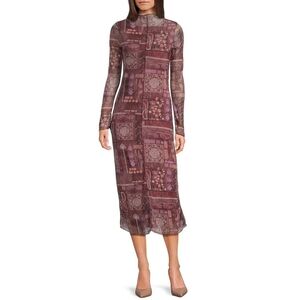 Emory ParkBandana Printed Mesh Mock Neck Long Sleeve Midi Dress Size Large